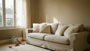 Salon renove avec canape et coussins douillets, ambiance cocooning