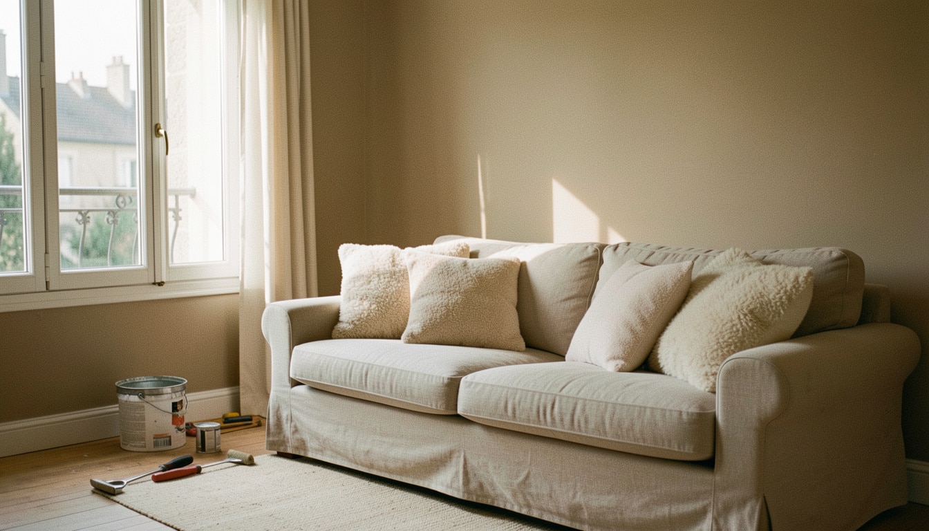 Salon renove avec canape et coussins douillets, ambiance cocooning